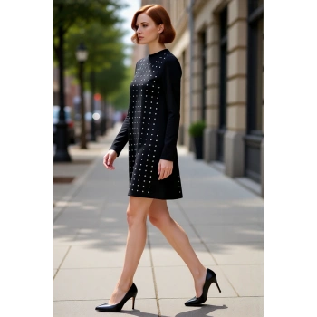 Kadın Shift Kalıp Uzun Kollu Taş Detaylı Bisiklet Yaka Örme Mini Elbise Şık Kışlık Kombinler İçin