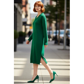 Kadın Shift Kalıp V Yaka Düşük Kollu Yırtmaç Detaylı Midi Boy Triko Elbise Günlük Şıklık İçin İdeal