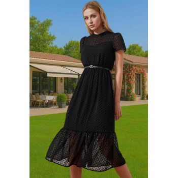 Kadın Şifon A Kesim Kemerli Midi Elbise Astarlı Dik Yaka Şık Görünüm Kaliteli İşçilik Konforlu Kesim