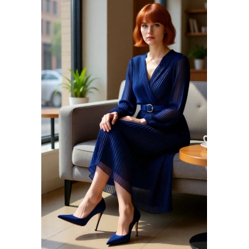 Kadın Şifon Dokuma Kemerli Astarlı Piliseli Kruvaze Yaka Maxi Elbise Özel Davetler İçin İdeal