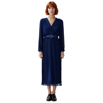 Kadın Şifon Dokuma Kemerli Astarlı Piliseli Kruvaze Yaka Maxi Elbise Özel Davetler İçin İdeal