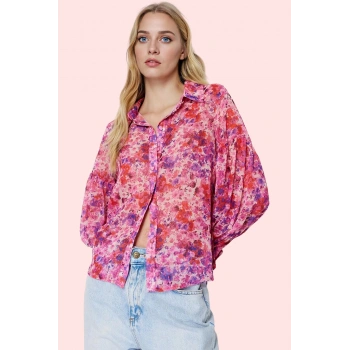 Kadın Şifon Gömlek Çiçek Desenli Balon Kol Günlük Ve İş Hayatı Hafta Sonu Kaliteli Malzeme