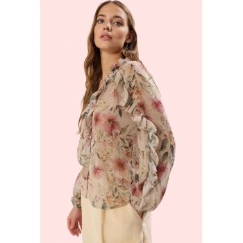 Kadın Şifon Gömlek Regular Kalıp Uzun Kol Çiçekli Desen Polyester Yaz Aylarının Vazgeçilmezi