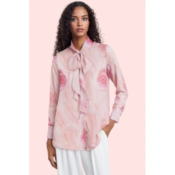 Kadın Şifon Gül Desenli Dik Yaka Uzun Kollu Gömlek Yazlık Rahat Kombin Yaz Aylarının Vazgeçilmezi