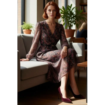 Kadın Şifon Kruvaze Yaka Elbise Soyut Desenli Kemer Detaylı Uzun Balon Kol Midi Boy Skater