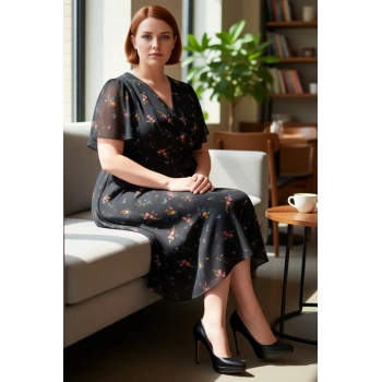 Kadın Şifon Kumaş Melek Kol V Yaka Çiçek Desenli A line Kruvaze Maxi Elbise İlkbahar Yaz Kaliteli