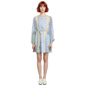 Kadın Şifon Patchwork Mini Elbise İlkbahar Sonbahar Modası Bisiklet Yaka Skater Kalıp Uzun Kollu