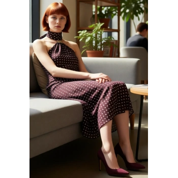 Kadın Şifon Puantiyeli A Kesim Astarlı Kolsuz Midi Elbise Şık Ve Zarif Gece Kombinleri İçin