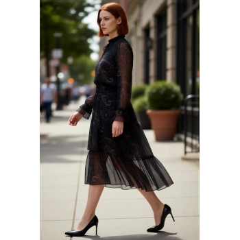 Kadın Şifon Skater Midi Elbise Şal Desenli Boyundan Bağlamalı Uzun Kollu Dokuma Şıklığı Kaliteli