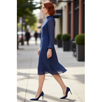 Kadın Şık A Kesim Uzun Balon Kollu Dik Yaka Midi Boy Şifon Dokuma Astarlı Düz Elbise Kaliteli