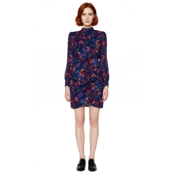 Kadın Şık A Line Kesim Mavi Çiçek Desenli Şifon Dik Yaka Balon Kol Kışlık Mini Elbise Zarif Görünüm