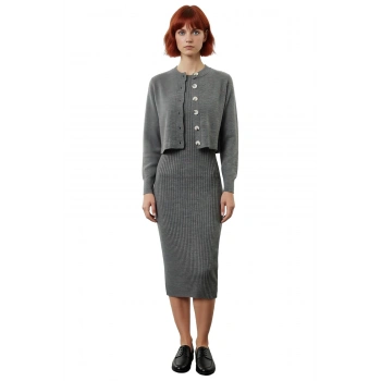 Kadın Şık Akrilik Bisiklet Yaka Uzun Kol Bodycon Midi Triko Elbise Hırka Seti Günlük Kaliteli