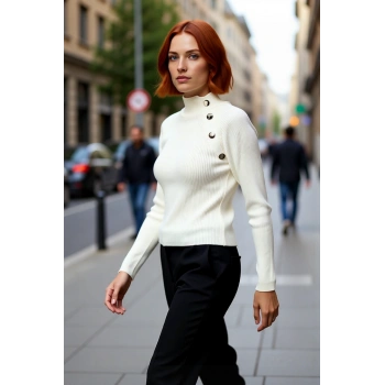 Kadın Şık Akrilik Fitted Kesim Dik Yaka Düz Desen Uzun Kol Triko Kazak Ofis ve Günlük Kullanım