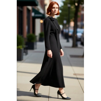 Kadın Şık Balık Kalıp Aerobin Dokuma Maxi Boy Uzun Kollu Fiyonk Detaylı Bisiklet Yaka Düz Elbise