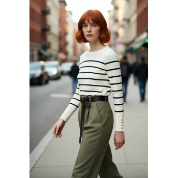 Kadın Şık Bisiklet Yaka Ekru Çizgili İnce Fitted Triko Kazak İlkbahar Sonbahar Günlük Kullanım