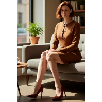 Kadın Şık Bisiklet Yaka Mini Süet Görünümlü Elbise Uzun Kollu Metal Aksesuar Detaylı Modern