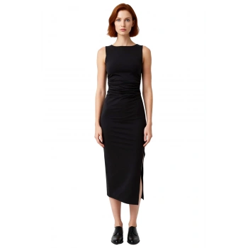 Kadın Şık Bodycon Kolsuz Midi Elbise Esnek Mikro Örme Kumaşıyla Büzgü Detaylı Yırtmaçlı Tasarım.