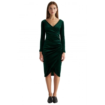 Kadın Şık Bodycon Midi Boy Uzun Kollu Kruvaze Yaka Kadife Örme Drape Detaylı Kış Elbisesi Kaliteli