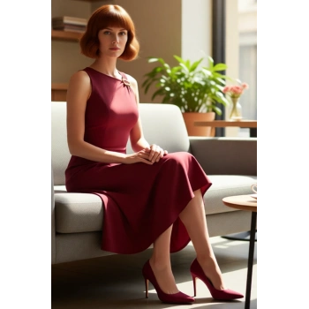 Kadın Şık Bordo Kolsuz Midi Elbise Aksesuar Detaylı Finike Dokuma Skater Tasarım Kaliteli