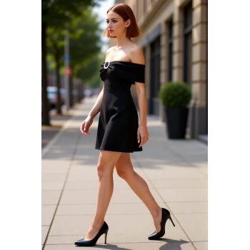 Kadın Şık Carmen Yaka Skater Elbise Taş Aksesuar Detaylı Zarif Düşük Kol Mini Boy Dokuma Kumaş