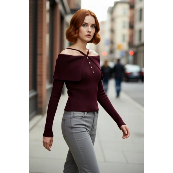 Kadın Şık Carmen Yaka Uzun Kollu Fitted Kesim Fitilli Triko Kazak İlkbahar Sonbahar Stili İçin İdeal