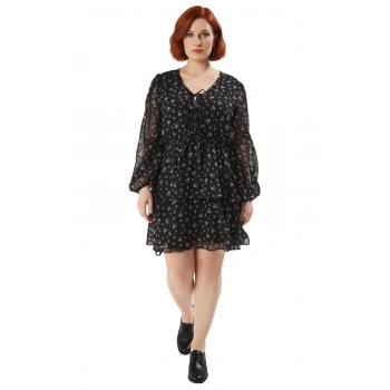 Kadın Şık Çiçekli Mini V Yaka Balon Kol Skater Kalıp Eteği Fırfırlı Dokuma Elbise Büyük Beden