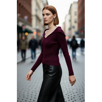 Kadın Şık Devrik Yaka Fitilli Triko Üst Fitted Kesim Uzun Kol Crop Model İlkbahar Sonbahar