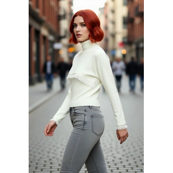 Kadın Şık Dik Yaka Düşük Kol Püsküllü Triko Kazak Crop Bluz Takımı Günlük Rahatlık ve Konfor