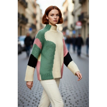 Kadın Şık Dik Yaka Oversize Renk Bloklu Düşük Kol Uzun Triko Kazak Kış Modasına Yeni Bir Soluk