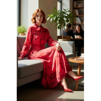 Kadın Şık Dokuma Çiçekli Maxi Elbise Balon Kol Detaylı Astarlı Boyundan Bağlamalı Tasarım Kaliteli