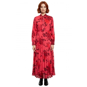 Kadın Şık Dokuma Çiçekli Maxi Elbise Balon Kol Detaylı Astarlı Boyundan Bağlamalı Tasarım Kaliteli