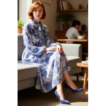 Kadın Şık Dokuma Dik Yaka Mavi Desenli Uzun Abiye Elbise Balon Kol İlkbahar Sonbahar Kaliteli