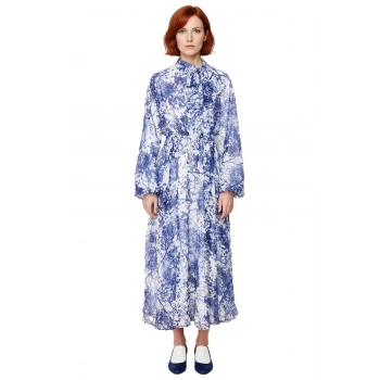 Kadın Şık Dokuma Dik Yaka Mavi Desenli Uzun Abiye Elbise Balon Kol İlkbahar Sonbahar Kaliteli