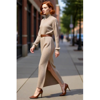 Kadın Şık Düz Shift Kalıp Düşük Kol Dik Yaka Kemerli Maxi Yırtmaç Detaylı Kışlık Triko Elbise