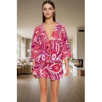 Kadın Şık Etnik Desenli Viskon Pijama Takımı Rahat Kalıp Yazlık Homewear Modern Stil Kullanım