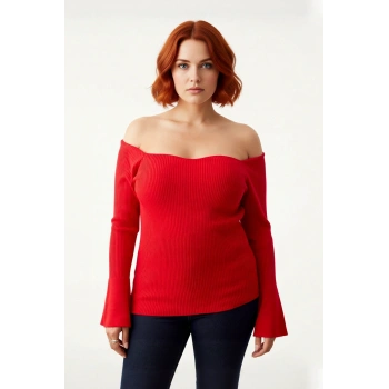 Kadın Şık Fitted Carmen Yaka Fitilli Triko Kazak Düz Desen Uzun Reglan Kol Bodycone Siluet