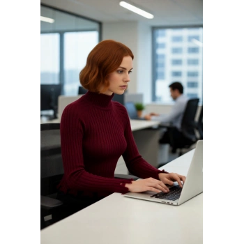 Kadın Şık Fitted Crop Uzun Reglan Kollu Dik Yaka Fitilli Triko Kazak Kış Günleri İçin İdeal Model