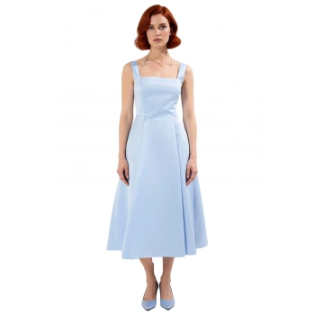 Kadın Şık Gece Elbisesi Skater Siluet Kare Yaka Midi Boy Düz Desen Saten Dokuma Kalın Askılı