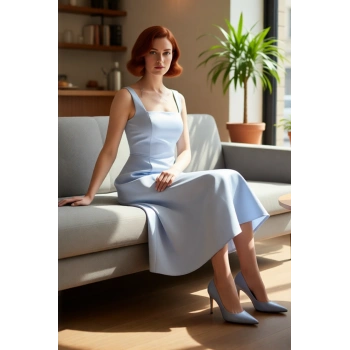 Kadın Şık Gece Elbisesi Skater Siluet Kare Yaka Midi Boy Düz Desen Saten Dokuma Kalın Askılı