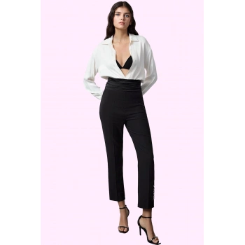 Kadın Şık Gece Pantolonu Yüksek Bel Boru Paça Polyester Karışımlı Dokuma Dayanıklı Malzeme