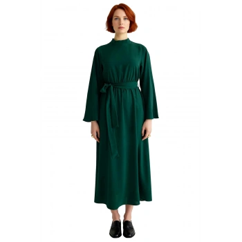 Kadın Şık Haki Dokuma Skater Elbise Dik Yaka Uzun İspanyol Kollu Kuşak Detaylı Maxi Model Kaliteli