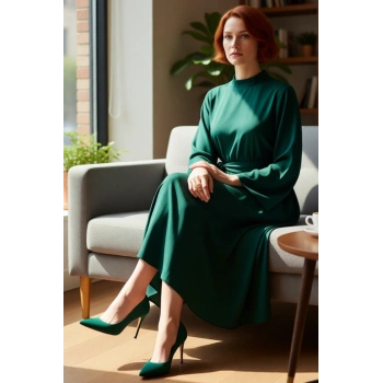 Kadın Şık Haki Dokuma Skater Elbise Dik Yaka Uzun İspanyol Kollu Kuşak Detaylı Maxi Model Kaliteli