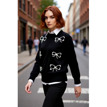 Kadın Şık İncili Fiyonk Detaylı Triko Kazak Regular Kalıp Bisiklet Yaka Standart Kol İlkbahar