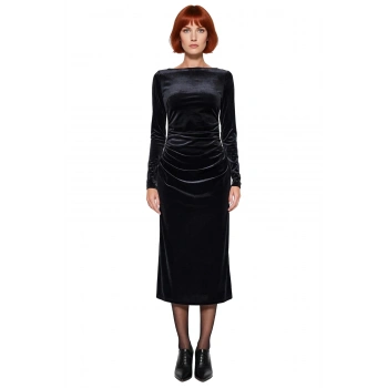 Kadın Şık Kayık Yaka Siyah Kadife Midi Elbise Uzun Kollu Büzgülü Bodycon Kış Mevsimi Özel Davet