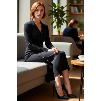 Kadın Şık Midi Bodycon Fitilli Triko Elbise Uzun Kollu V Yaka Asimetrik Düğmeli Modern Tasarım