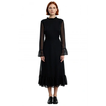 Kadın Şık Midi Boy A Kesim Dik Yaka İspanyol Kollu Astarlı Şifon Dokuma Fırfır Detaylı Kışlık Elbise