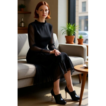 Kadın Şık Midi Boy A Kesim Dik Yaka İspanyol Kollu Astarlı Şifon Dokuma Fırfır Detaylı Kışlık Elbise