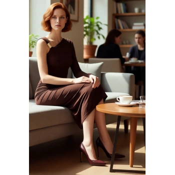 Kadın Şık Midi Boy Bodycon Asimetrik Yaka Tek Kollu Örme Elbise Aksesuar Detaylı Glam Koleksiyon