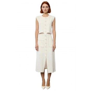 Kadın Şık Midi Boy Kolsuz Düğmeli %100 Pamuk Tüvit Ceket Elbise Gündüz Gece Kombinleri İçin