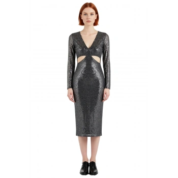 Kadın Şık Midi Boy Payetli Bodycon Elbise V Yaka Kesik Detaylı Özel Davetler İçin Göz Alıcı